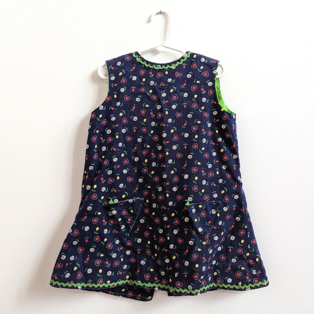 Vtg Handmade Mod Dress Girls Sz 3T Navy Floral 70s Retro